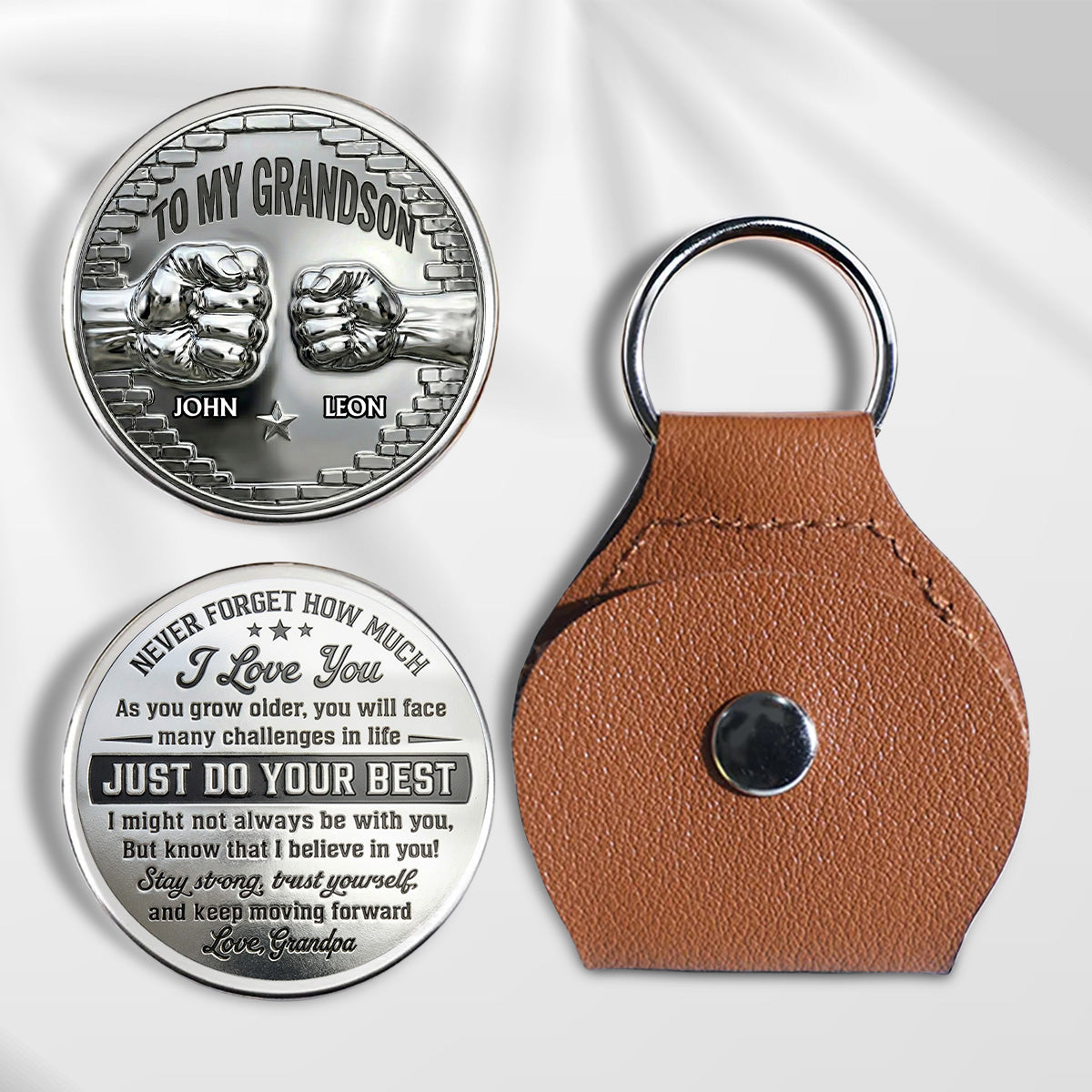 Custom Coin Keychain For Grandson Nephew, Family Keepsake • To My Grandson I Believe In You - Personalized 3D Printing Pocket Hug