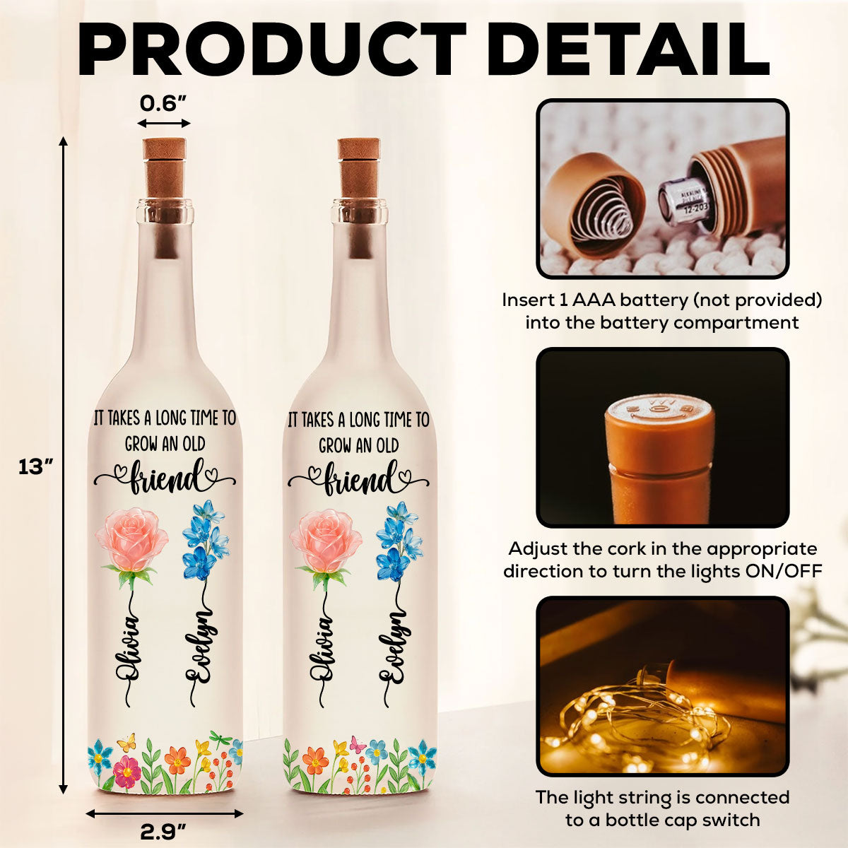 Long Time To Grow Old Friends Glass Flower - Personalized Bottle Lamp