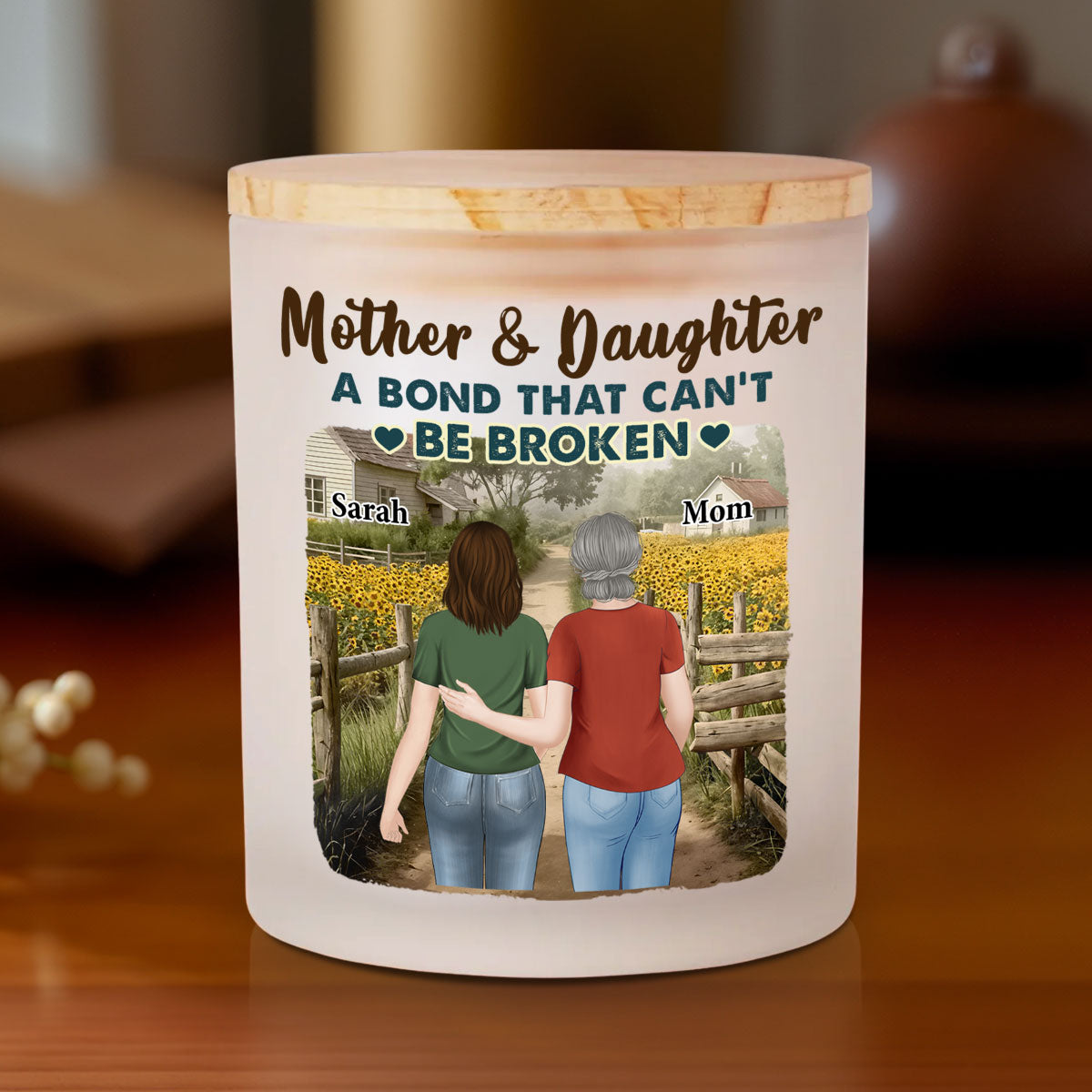 Sunflowers Mother And Child - Personalized Glass Jar With LED Candle