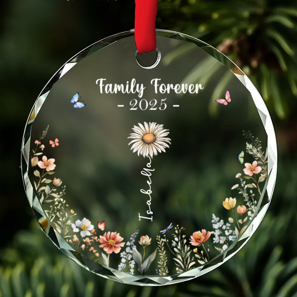 Custom Family Ornament, Christmas Gift for Family Members •  Feliz Navidad Flower - Personalized Glass Ornament