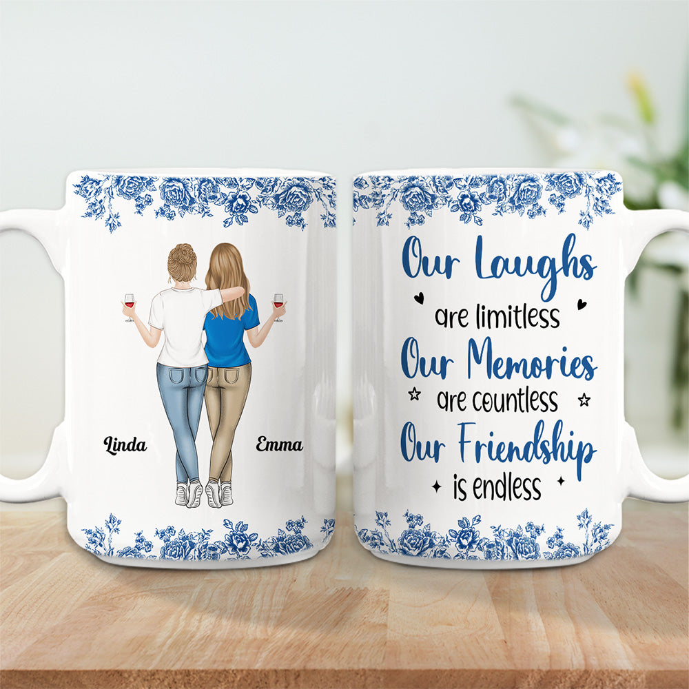 Custom Best Friend, Christmas & Birthday Friendship Keepsake Gift • Our Laughs Are Limitless Blue Toile - Personalized Coffee Mug