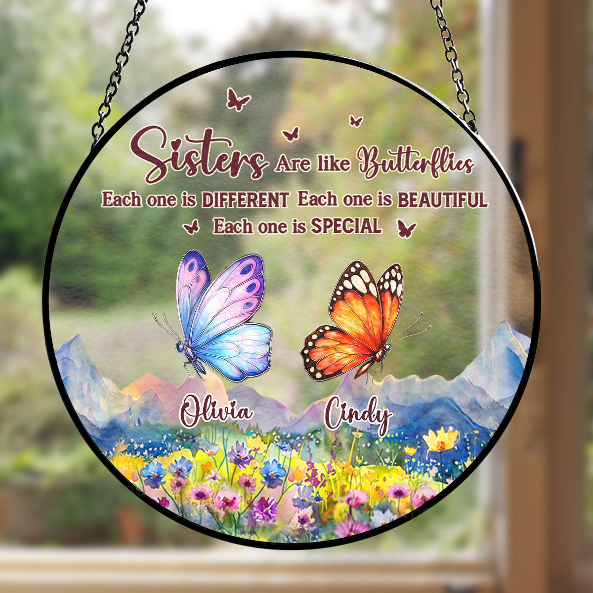 Custom Name Family Name Hanging Decor, Christmas Birthday Gift • Sisters Are Like Butterflies - Personalized Window Hanging Suncatcher