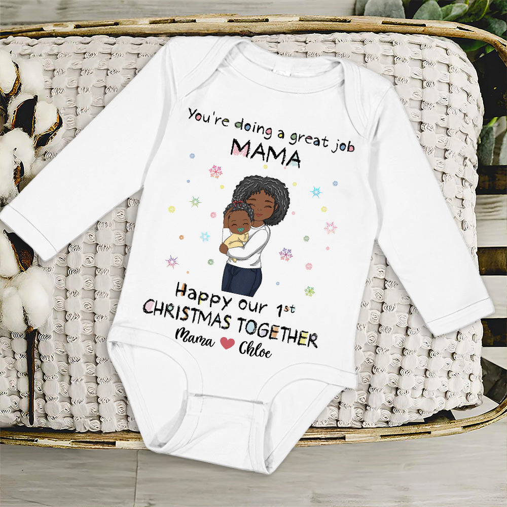 Mommy Doing A Great Job Merry Christmas - Personalized Long Sleeve Baby Onesie