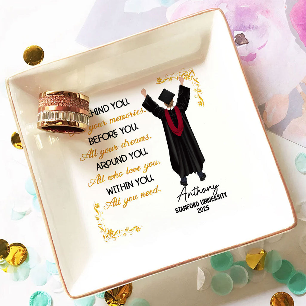 Custom Class of 2026 Trinket Dish, Graduation Gift For Her • She Dreamed Big And Won - Personalized Jewelry Dish