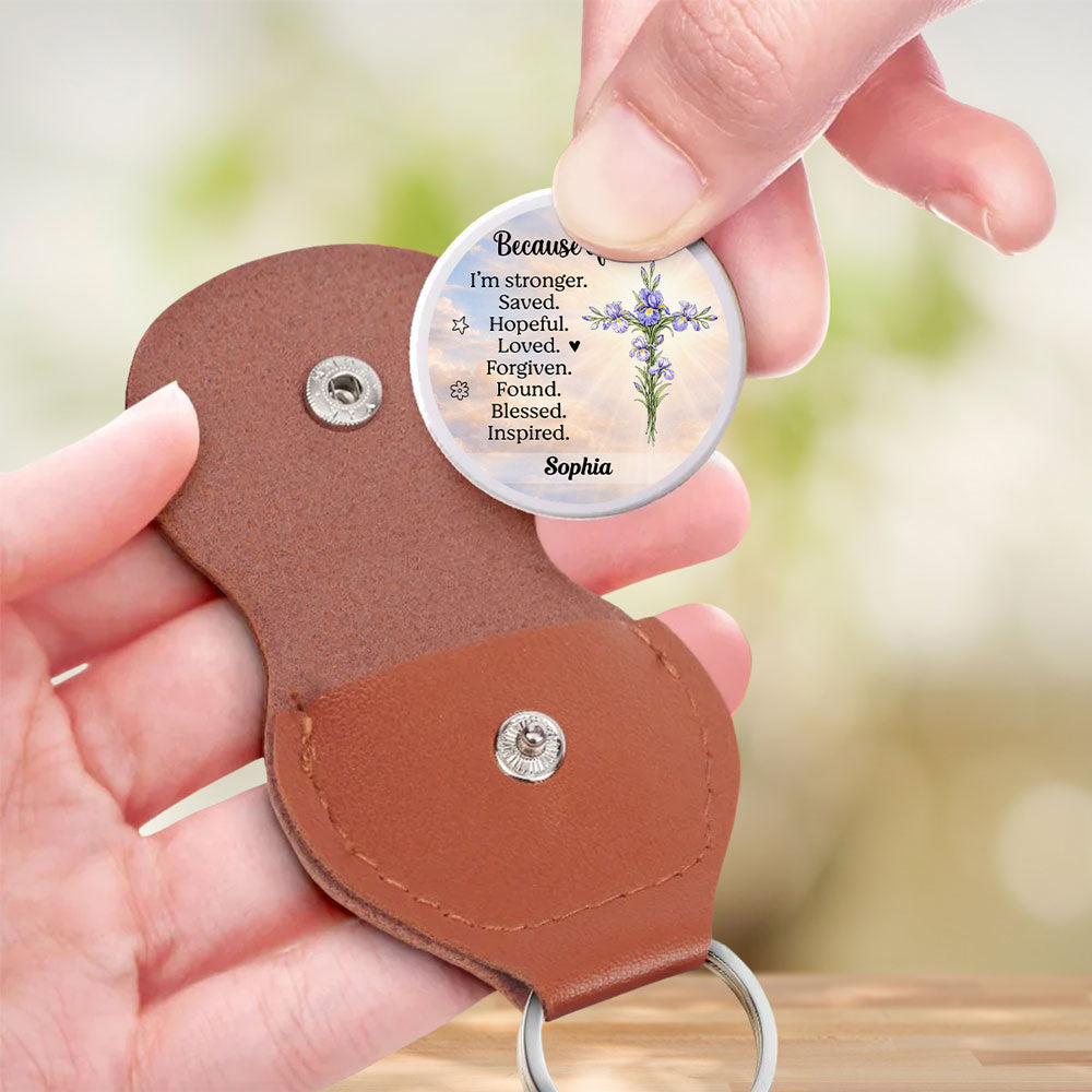 Custom Christian Coin Keychain, Faith Keepsake • Stronger Because Of God - Personalized 3D Effect Pocket Hug