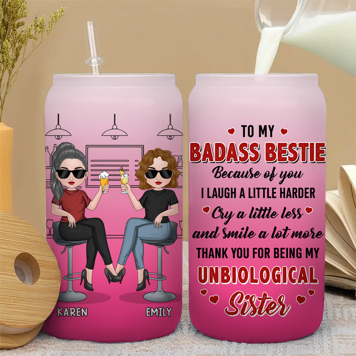 Because Of You I Laugh A Little Harder - Personalized Ombre Frosted Glass Can