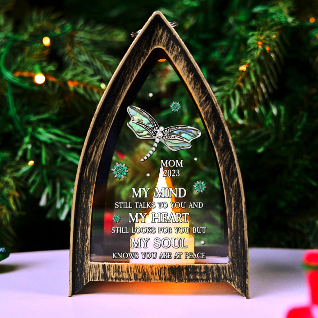 Custom Name Memorial Christmas Table Light, Remembrance Gift • Dragonfly My Mind My Heart My Soul - Personalized Table Lantern