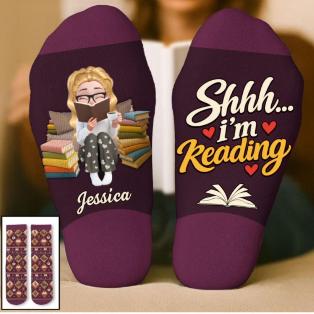 Custom Christmas Birthday Gift For Book Lovers, Bookworms, Readers • I Am Reading - Personalized Crew Socks