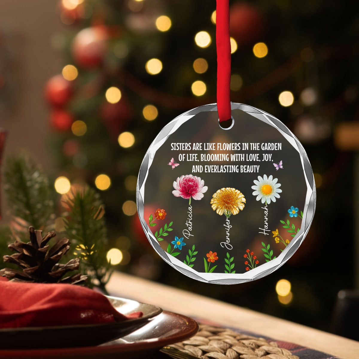 Custom Sister Christmas Ornament •  Sisters Bloom With Love And Joy - Personalized Glass Ornament
