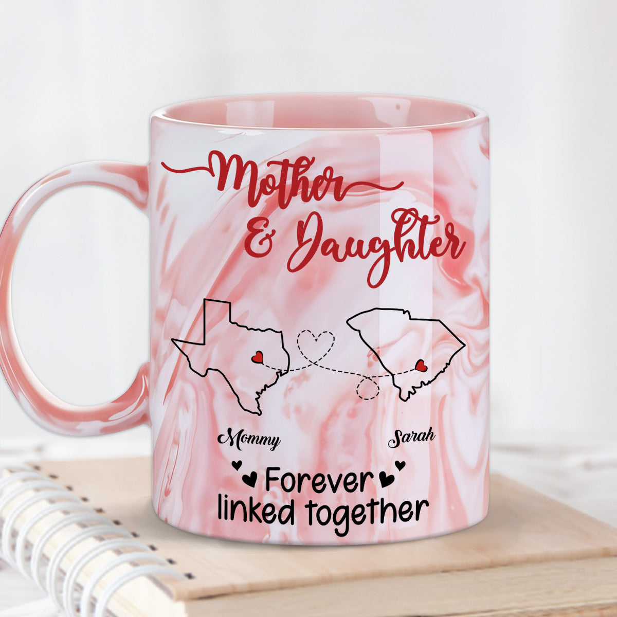 Custom Mother's Day Gift for Mom & Grandma • Forever Linked Together - Personalized Pink Marble Mug