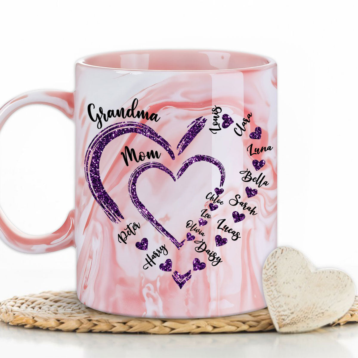 Custom Christmas & Birthday Gift For Grandma • Mom Grandma Sweethearts - Personalized Pink Marble Mug