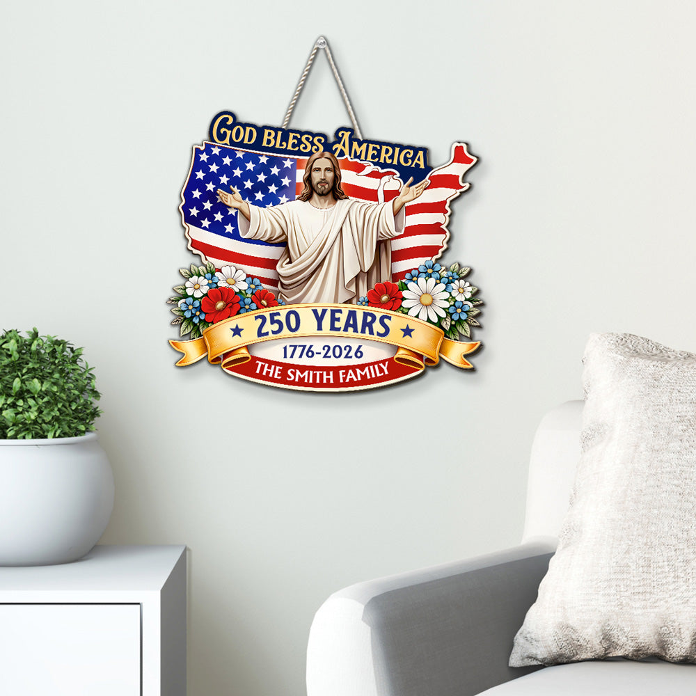 Custom Family Patriotic Hanging Decor, 4th of July • God Bless America - Personalized Wood Sign