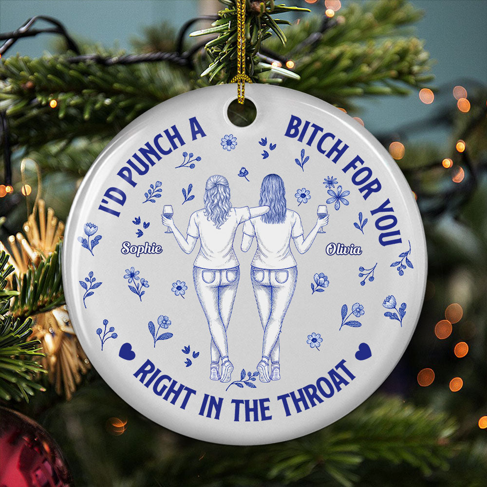 Custom Friendship Christmas Ornament, Best Friend Gift •  Punch Bitch Besties Blue Toile - Personalized Ceramic Ornament