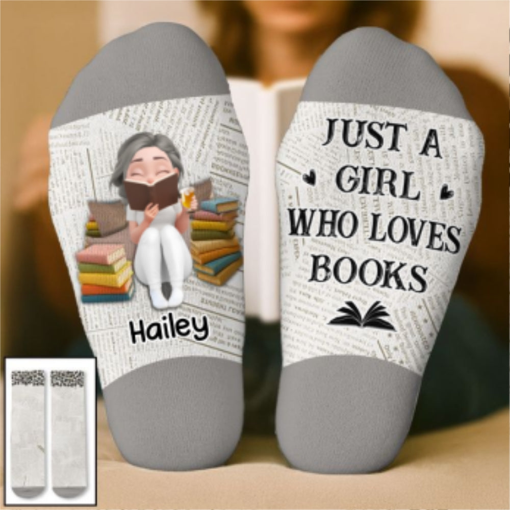 Custom Christmas Birthday Gift For Book Lovers, Bookworms, Readers • Just A Girl Loves Books - Personalized Crew Socks