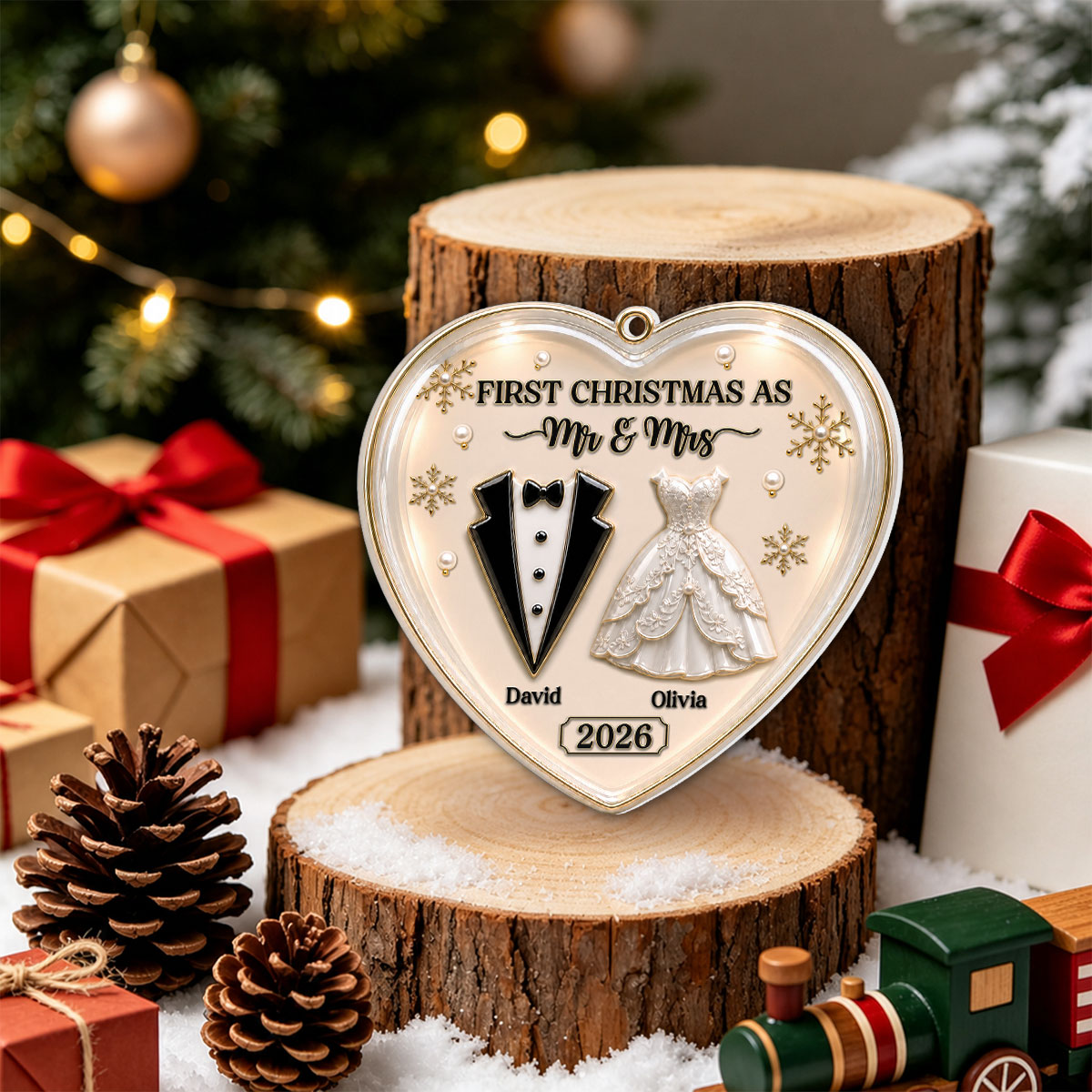 Custom First Christmas Ornament Married, Gift for Newlyweds •  First Year Together - Personalized 3D White Acrylic Ornament