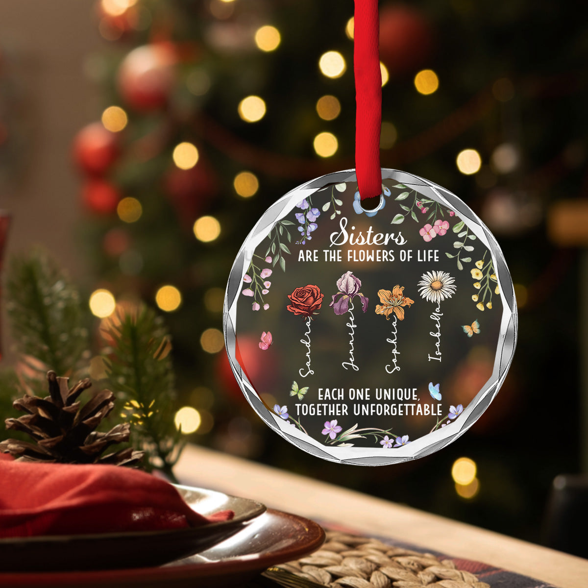 Custom Sister Christmas Ornament •  Sisters Bloom Better Together - Personalized Glass Ornament