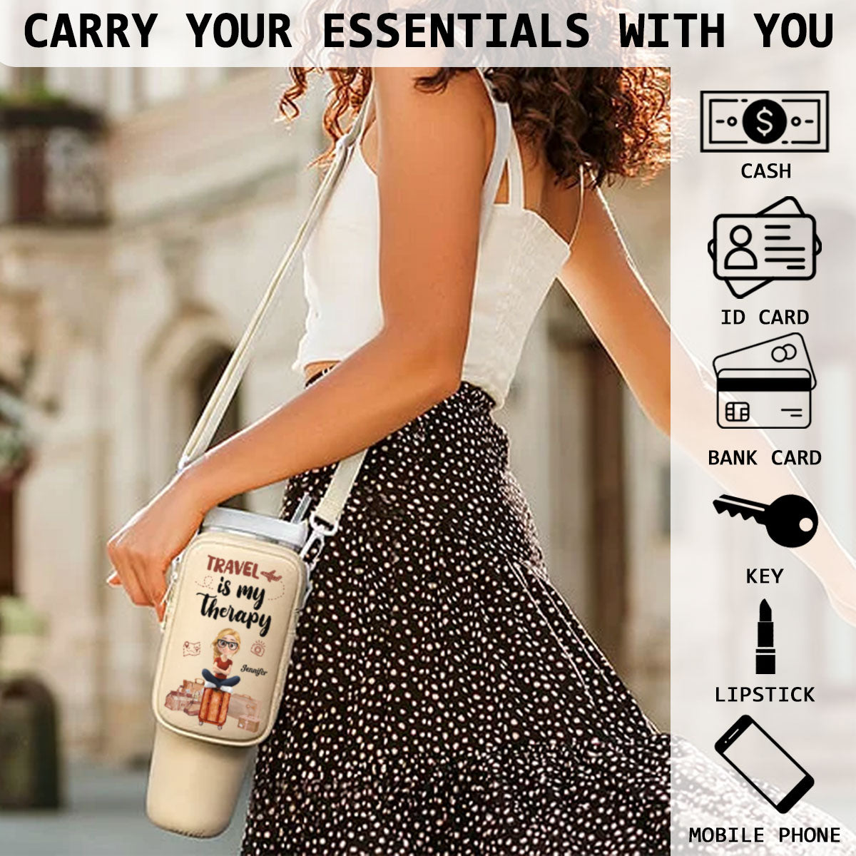 Travel Is My Therapy - Personalized 40oz Water Bottle Carrier Bag