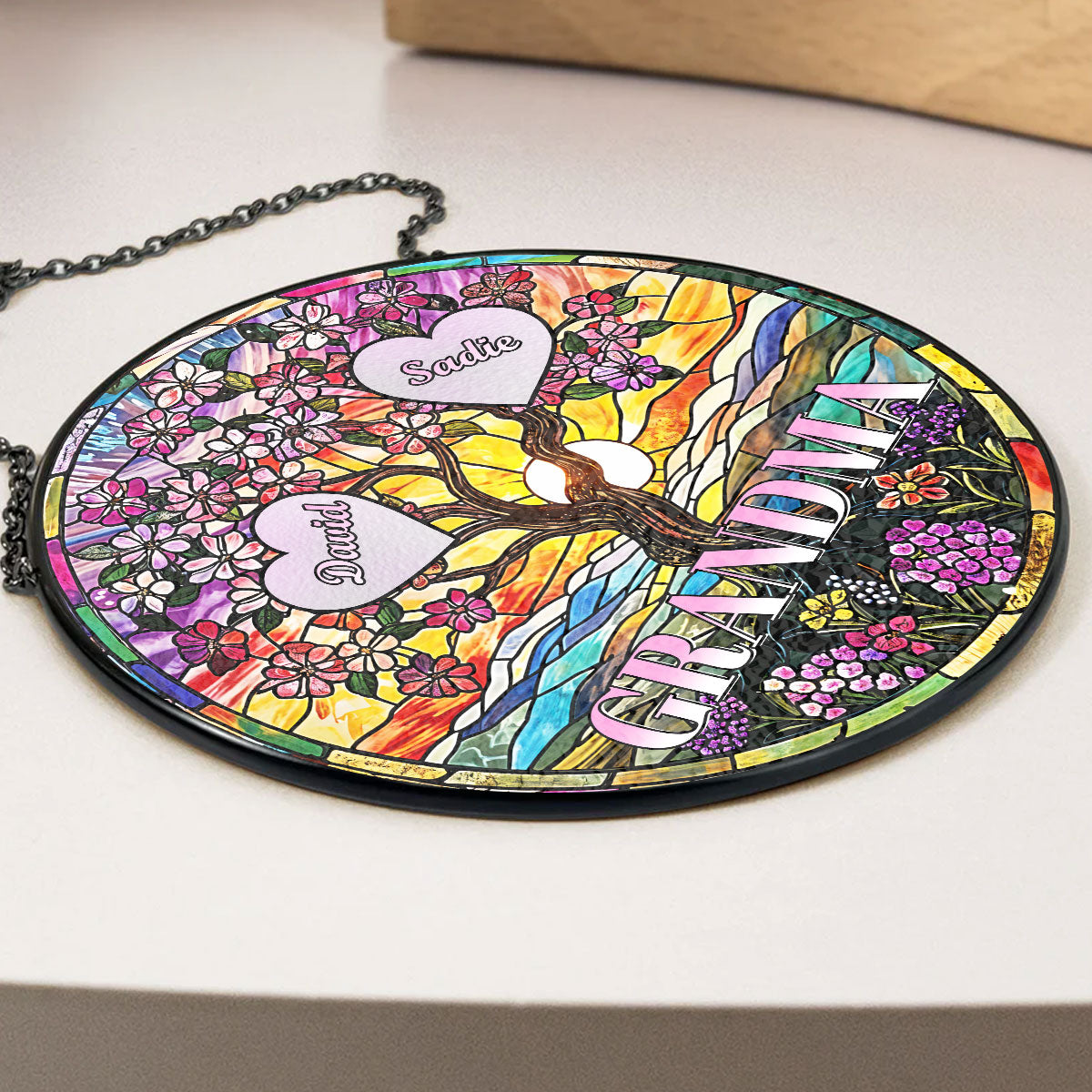 Custom Name Grandma Hanging Decor, Mother's Day Birthday Gifts • Love Grows Here - Personalized Stained Glass Window Hanging Suncatcher