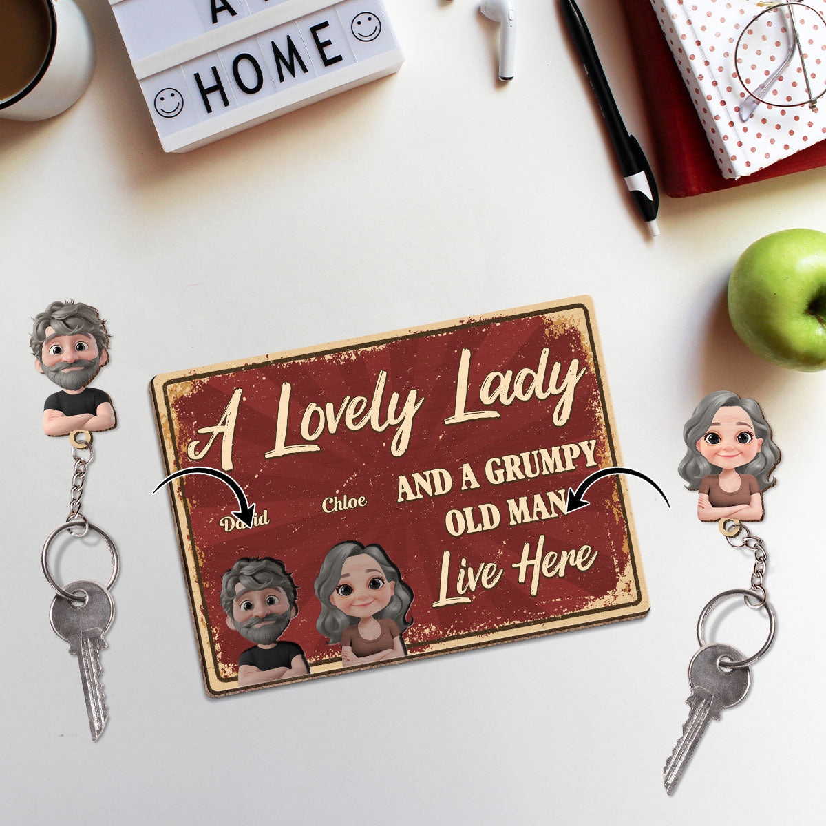 A Lovely Lady And A Grumpy Man - Personalized Wooden Key Holder With Keychain