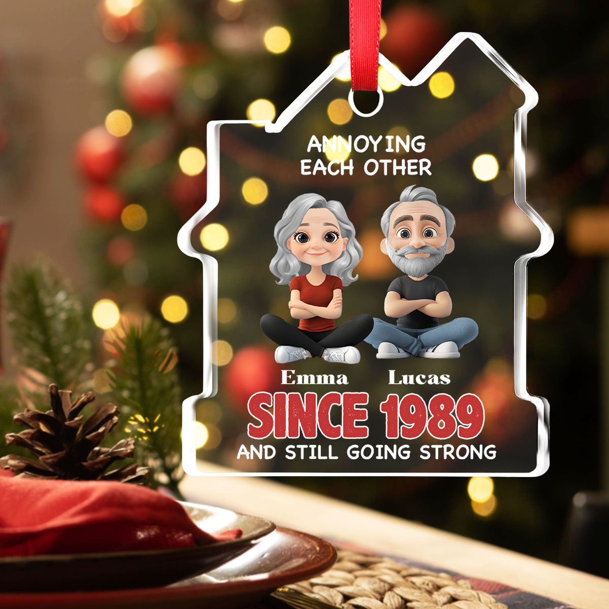 Custom Couple Christmas Ornament, Anniversary Gift •  Together Forever - Personalized House Shaped Glass Ornament