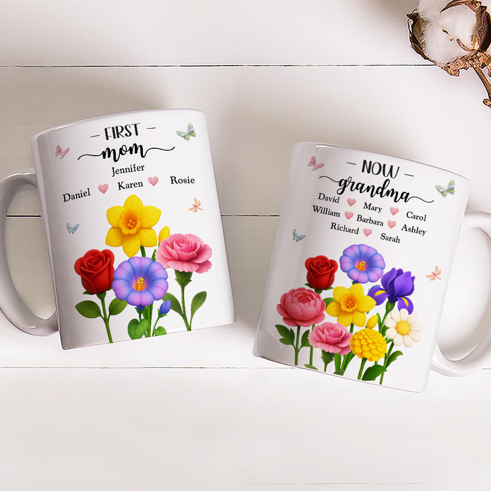 Custom Christmas & Birthday Gift For Grandma • First Mom Now Grandma Floral - Personalized Coffee Mug