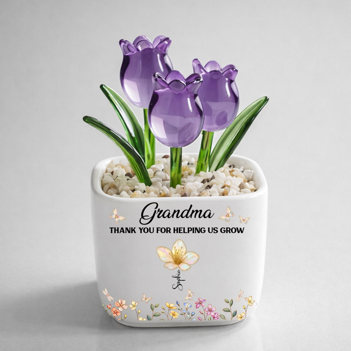 Custom Flower Keepsake, Glass Home Decor Gift for Grandma • Grandma Helping Me Grow - Personalized Glass Everlasting Tulips