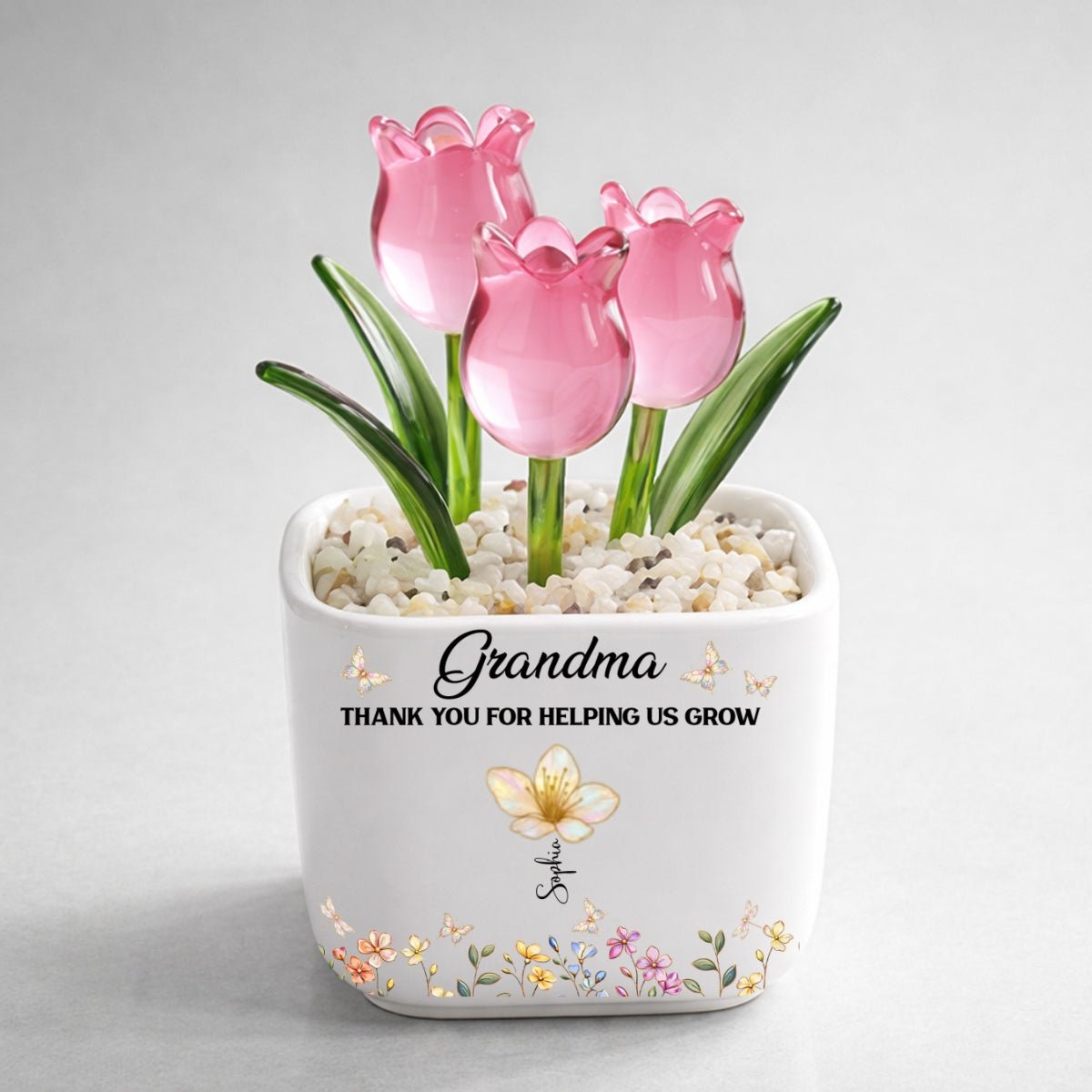 Custom Flower Keepsake, Glass Home Decor Gift for Grandma • Grandma Helping Me Grow - Personalized Glass Everlasting Tulips