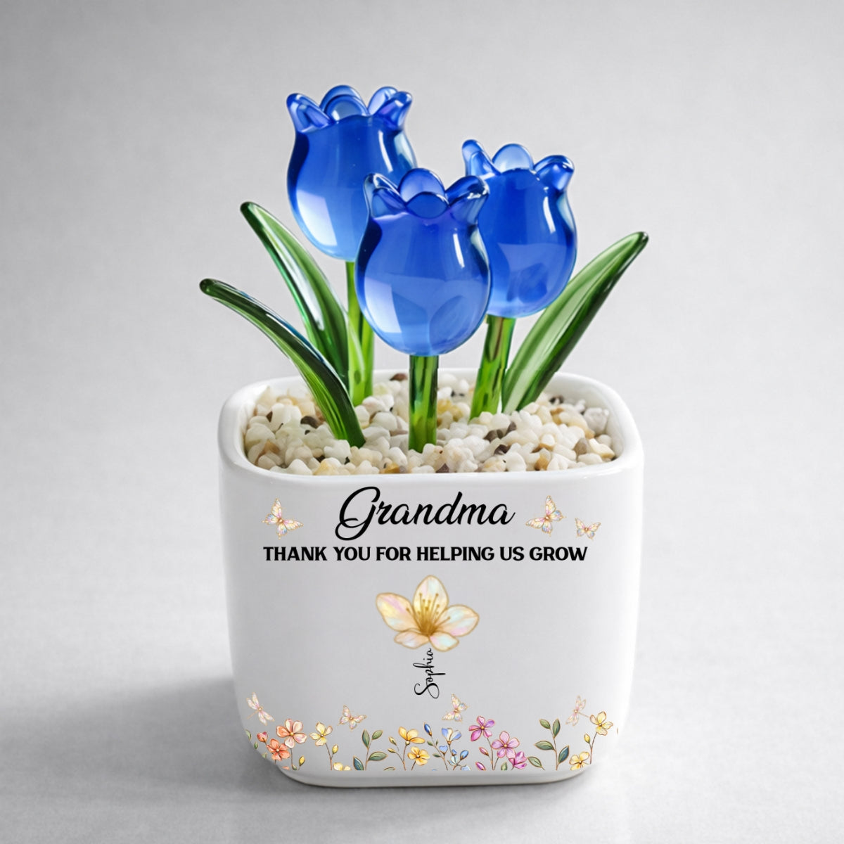 Custom Flower Keepsake, Glass Home Decor Gift for Grandma • Grandma Helping Me Grow - Personalized Glass Everlasting Tulips