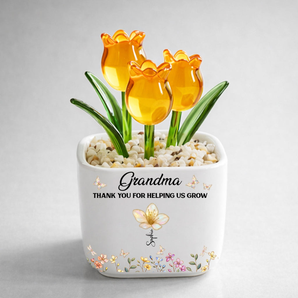 Custom Flower Keepsake, Glass Home Decor Gift for Grandma • Grandma Helping Me Grow - Personalized Glass Everlasting Tulips
