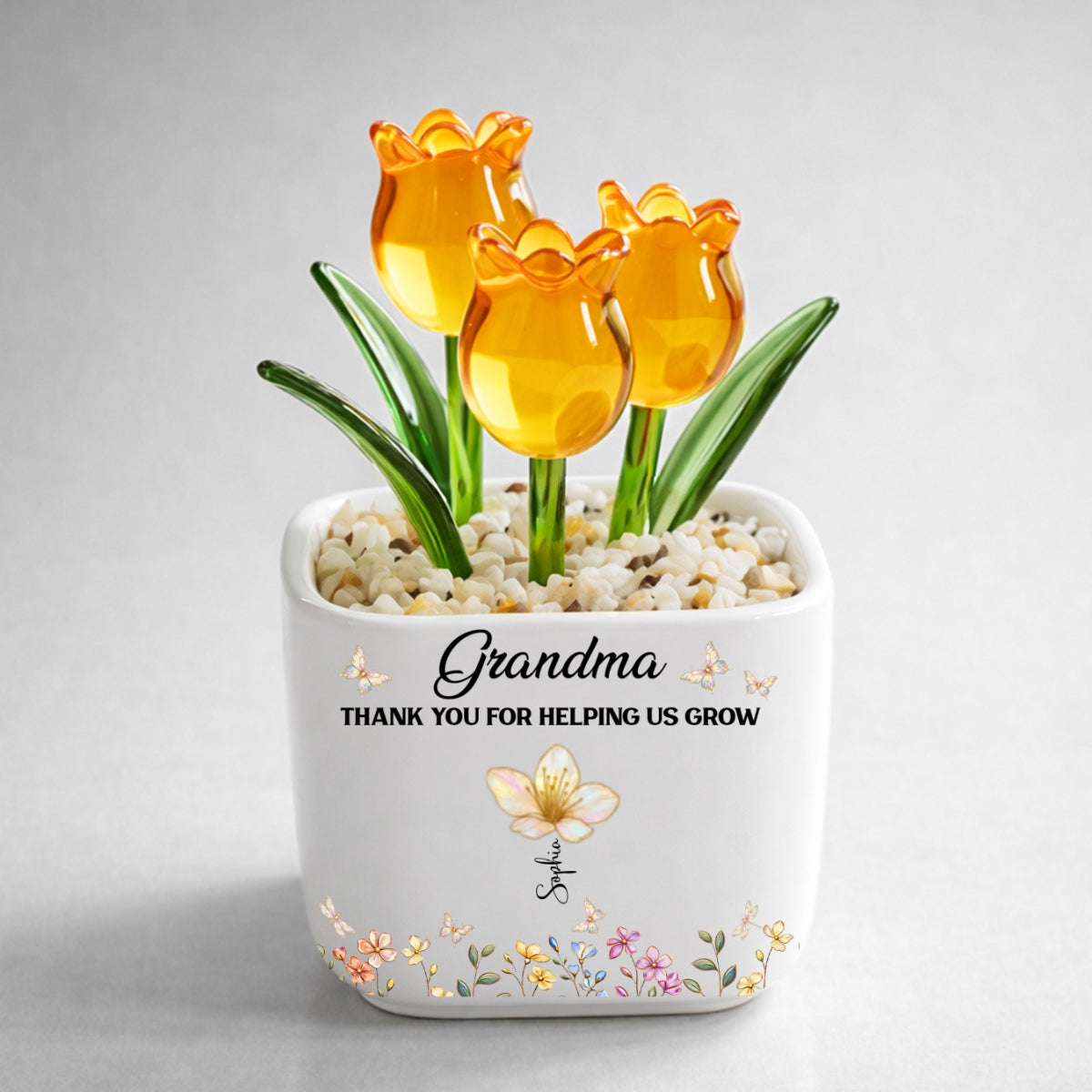 Custom Flower Keepsake, Glass Home Decor Gift for Grandma • Grandma Helping Me Grow - Personalized Glass Everlasting Tulips