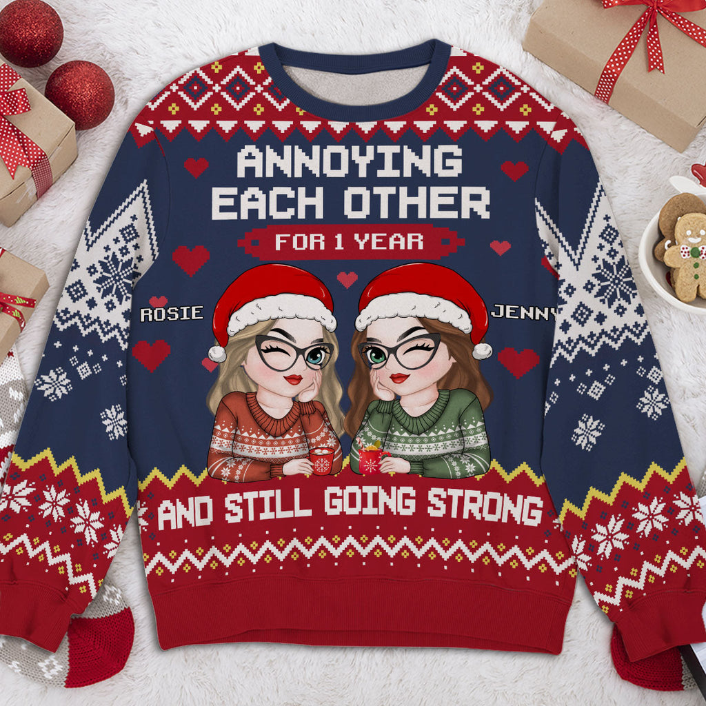 Custom Friendship Christmas Sweatshirt, Best Friend Gift • Besties Annoying Each Other - Personalized All-Over-Print Sweatshirt