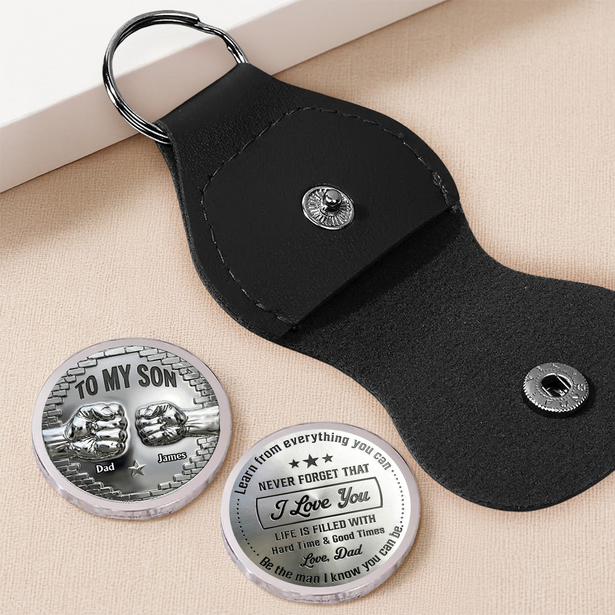 Custom Coin Keychain for Son, Father's Day Birthday Gifts • Strength And Love - Personalized Pocket Hug