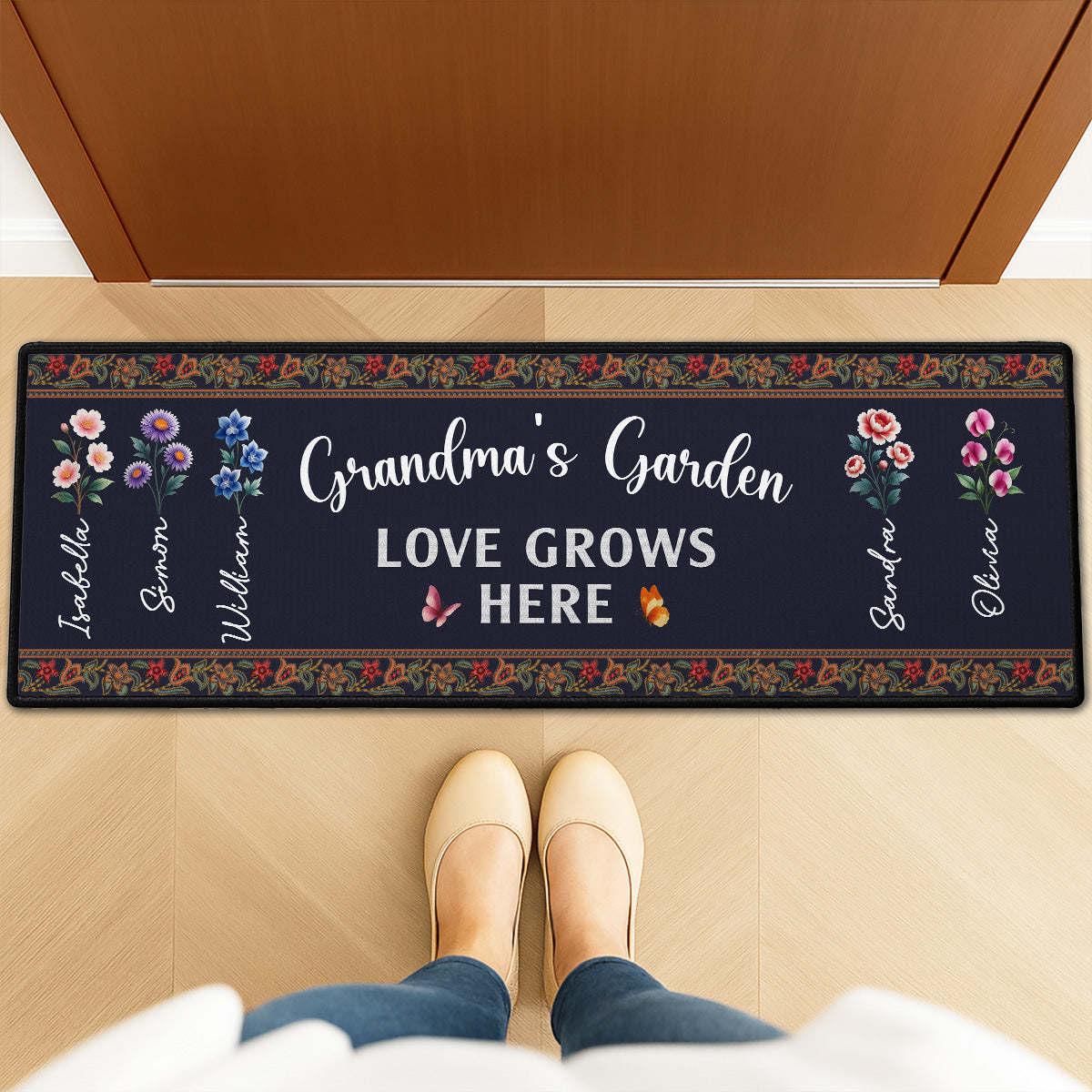 Custom Family Name Rug, Housewarming Birthday Gift For Grandma Grandparents • Love Grows Here - Personalized Runner Rug