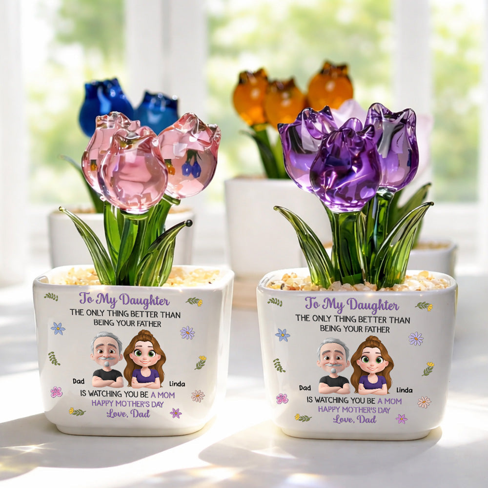 Custom Mother's Day Flower Keepsake, Glass Home Decor Gift for Daughter • Dad And Daughter Linked Together Cartoon - Personalized Glass Everlasting Tulips