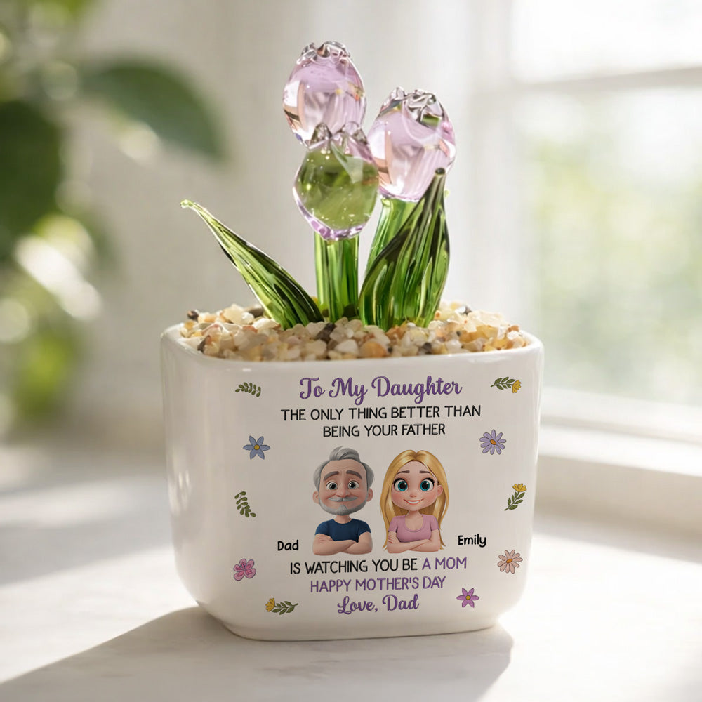 Custom Mother's Day Flower Keepsake, Glass Home Decor Gift for Daughter • Dad And Daughter Linked Together Cartoon - Personalized Glass Everlasting Tulips