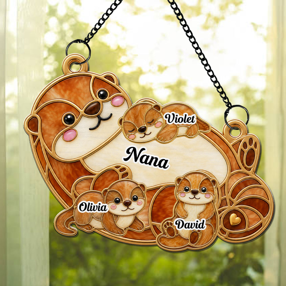 Custom Name Grandma Hanging Decor, Mother's Day Birthday Gifts • Otter Love - Personalized 3D Effect Suncatcher