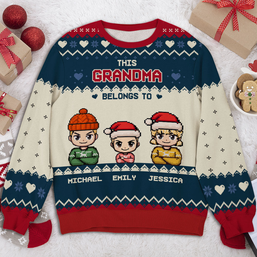 Custom Grandma Christmas Sweatshirt, Gift for Mothers • This Grandma Mom Belongs To Pixel - Personalized All-Over-Print Sweatshirt