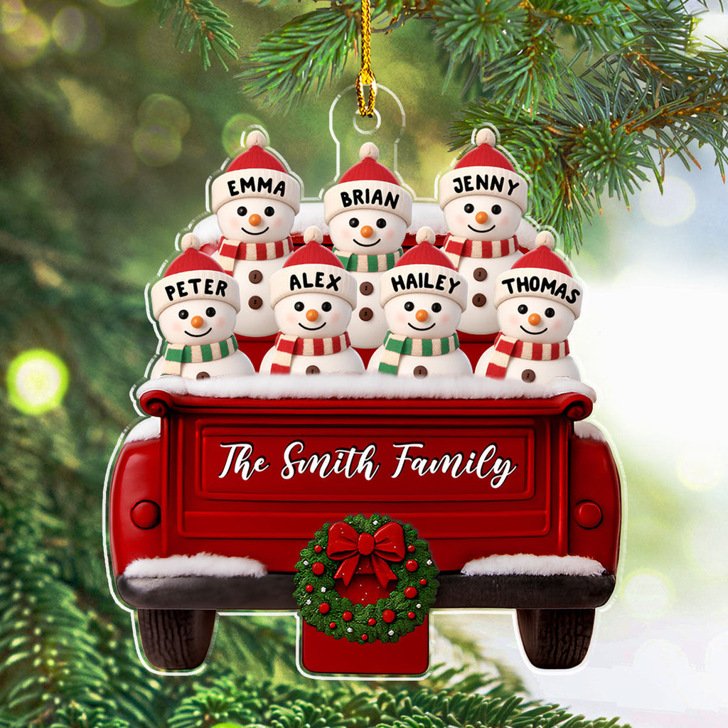 Custom Family Ornament, Christmas Gift for Family Members •  Red Truck Snowman Family - Personalized Acrylic Ornament
