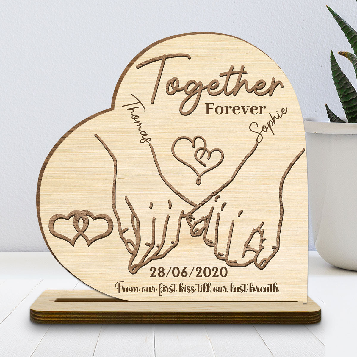 Custom Decor for Husband, Gift for Him • Together Forever Ver 2 - Personalized 2-Layer Wood Plaque With Flat Base