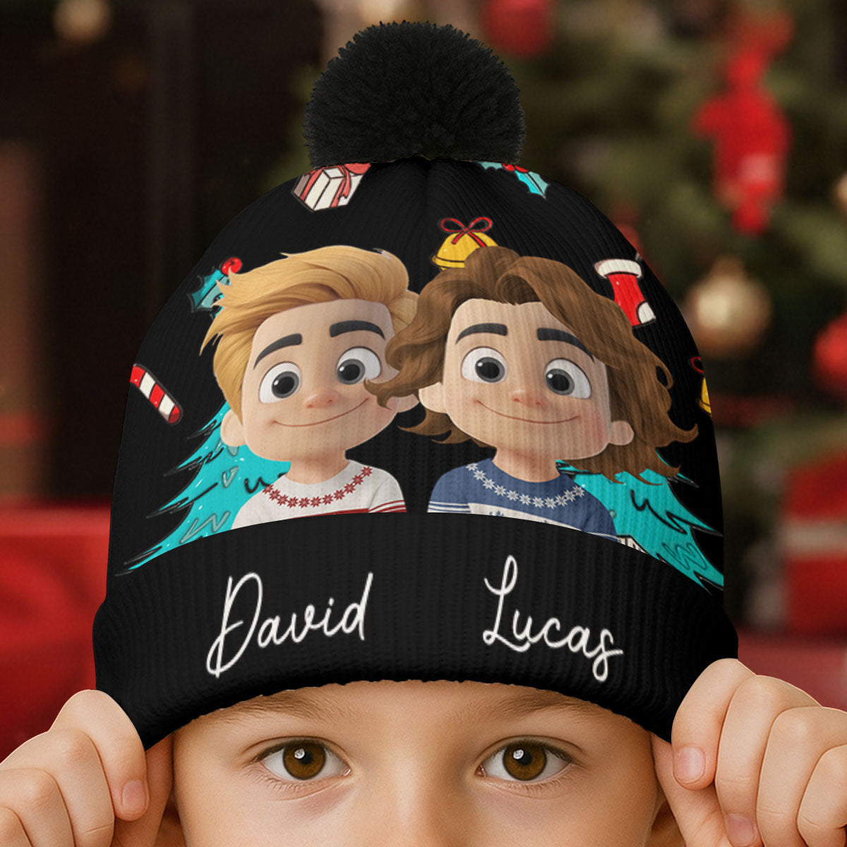 Custom Couple Christmas Hat, for Husband and Wife • Santa Is Coming To Both Of Us - Personalized Bobble Beanie Hat