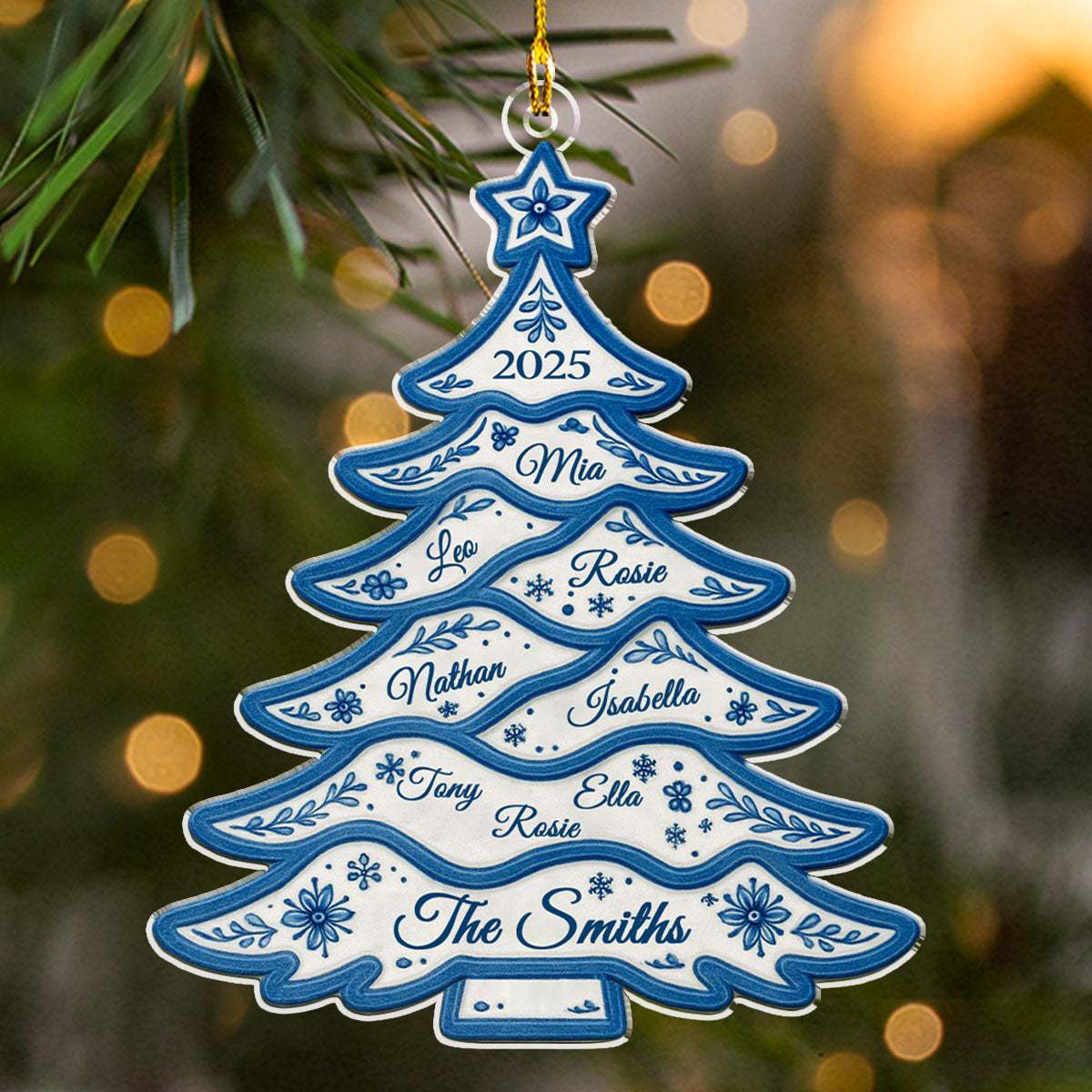 Custom Family Ornament, Christmas Gift for Family Members •  Delft Blue Christmas Tree - Personalized Acrylic Ornament