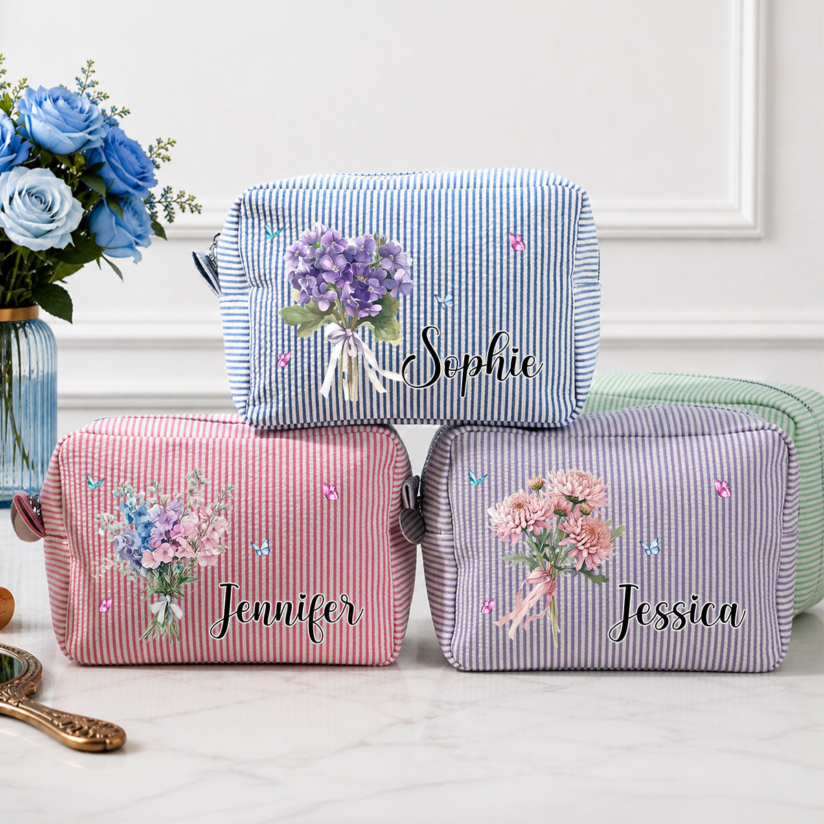 Custom Name & Birth Flower For Her, Wife, Daughter, Sister, Friends • Birth Month Flower - Personalized Seersucker Print Makeup Bag