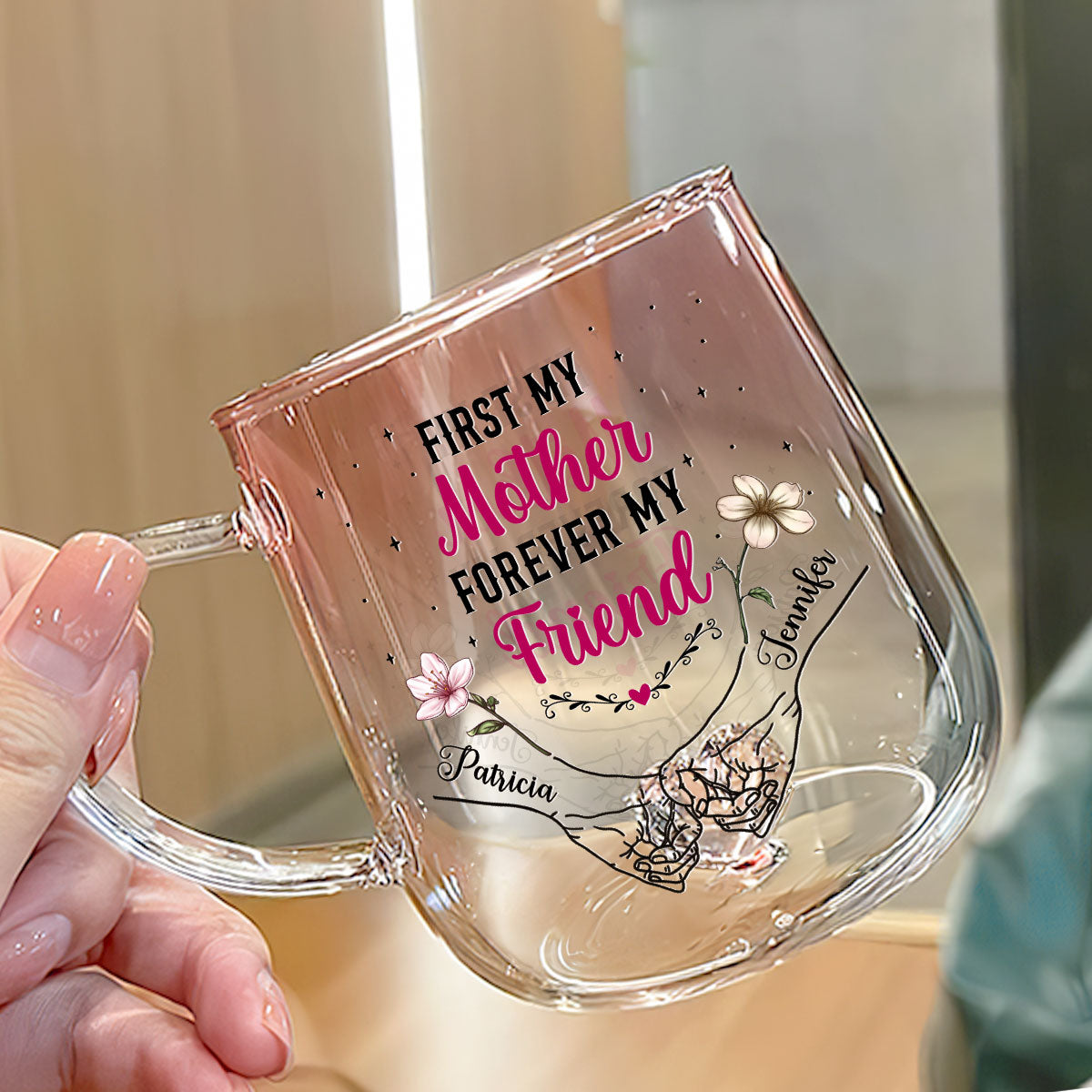 Custom Mother's Day Gift for Mom & Grandma • First My Mother Forever My Friend - Personalized Pink Gradient Glass Mug