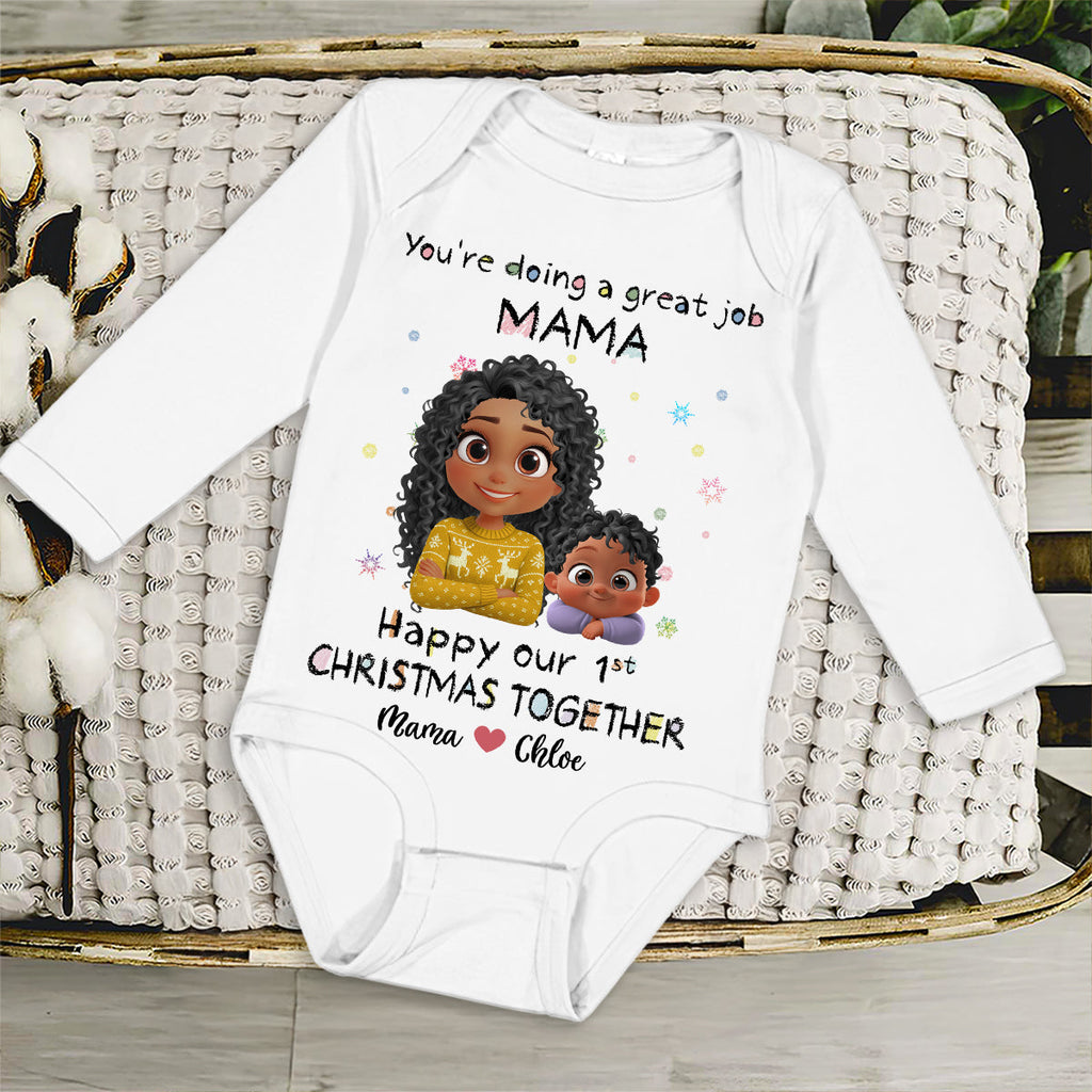 Mommy Is Doing A Great Job Cartoon Christmas - Personalized Long Sleeve Baby Onesie