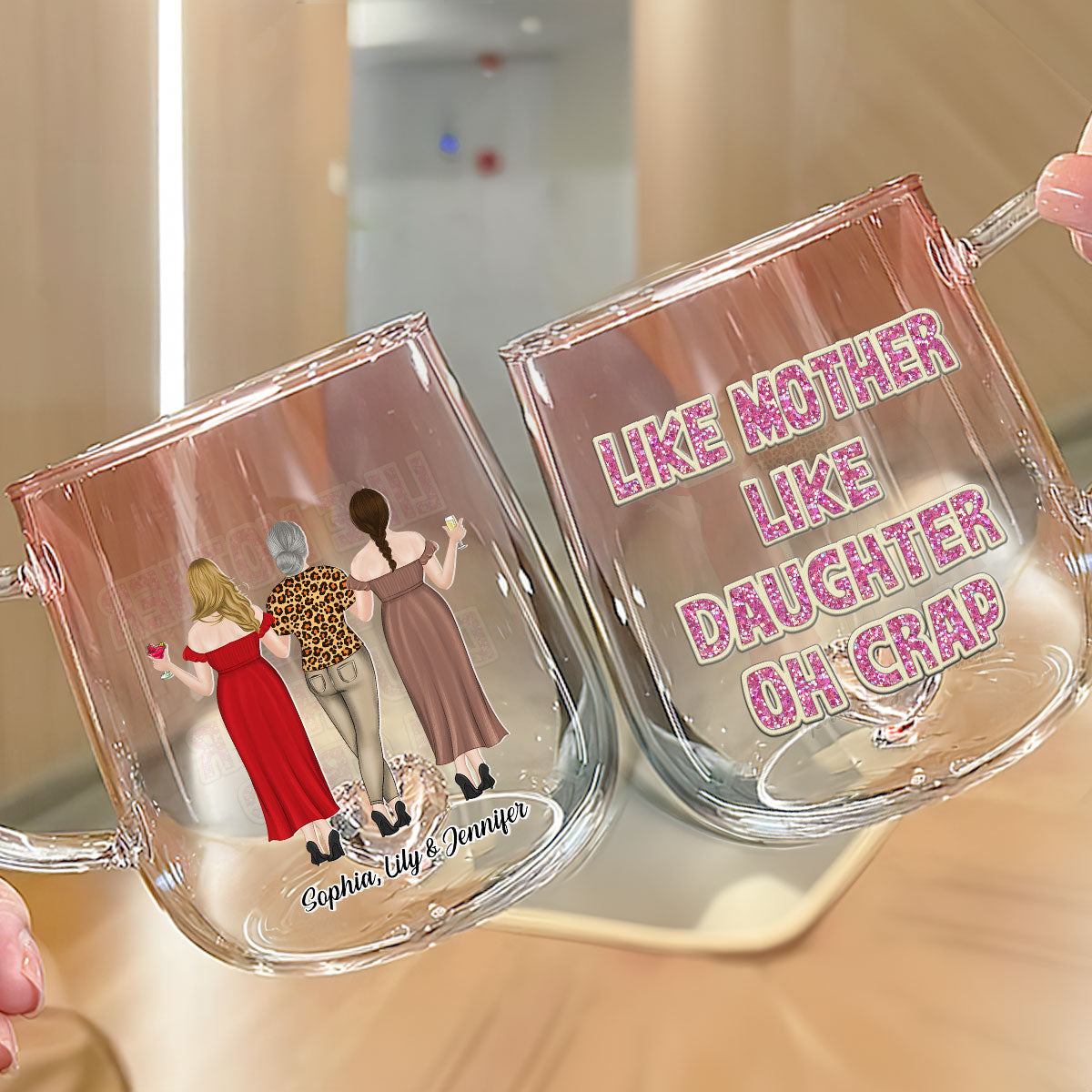 Custom Mother's Day Gift for Mom & Grandma • Like Mother Like Daughter - Personalized Pink Gradient Glass Mug