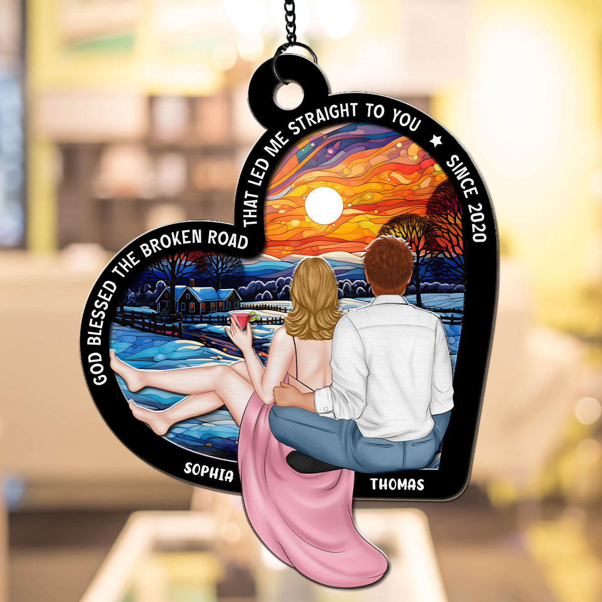 Custom Couple Hanging Decor, Anniversary Valentine's Day Gifts • God Blessed The Broken Road - Personalized Suncatcher