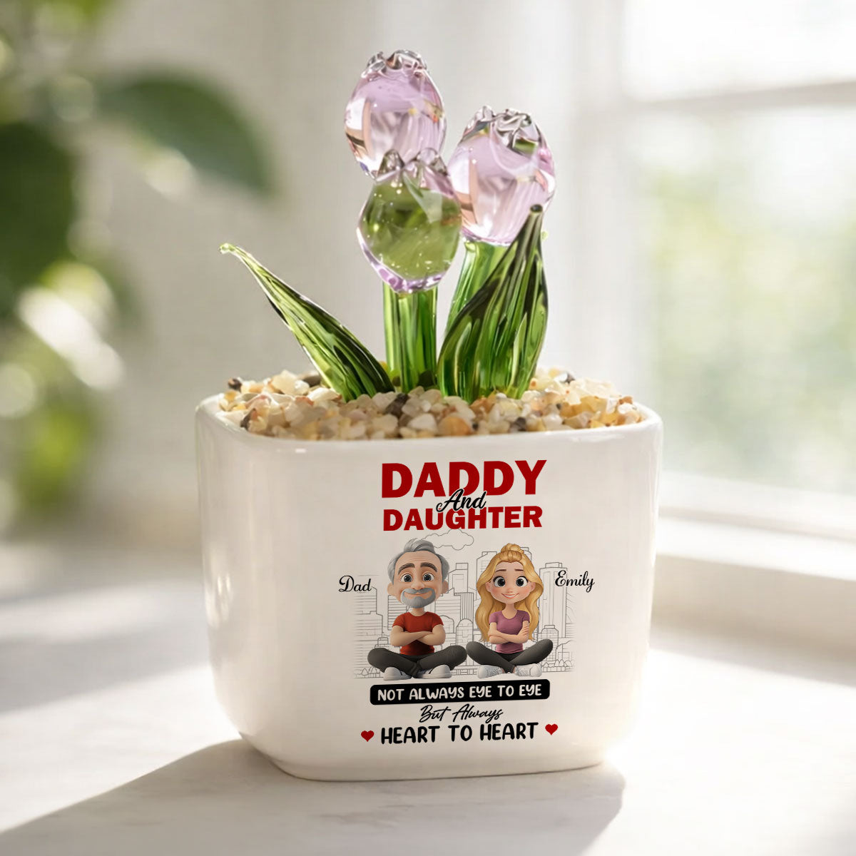 Custom Mother's Day Flower Keepsake, Glass Home Decor Gift for Daughter • Dad And Daughter Always Together - Personalized Glass Everlasting Tulips
