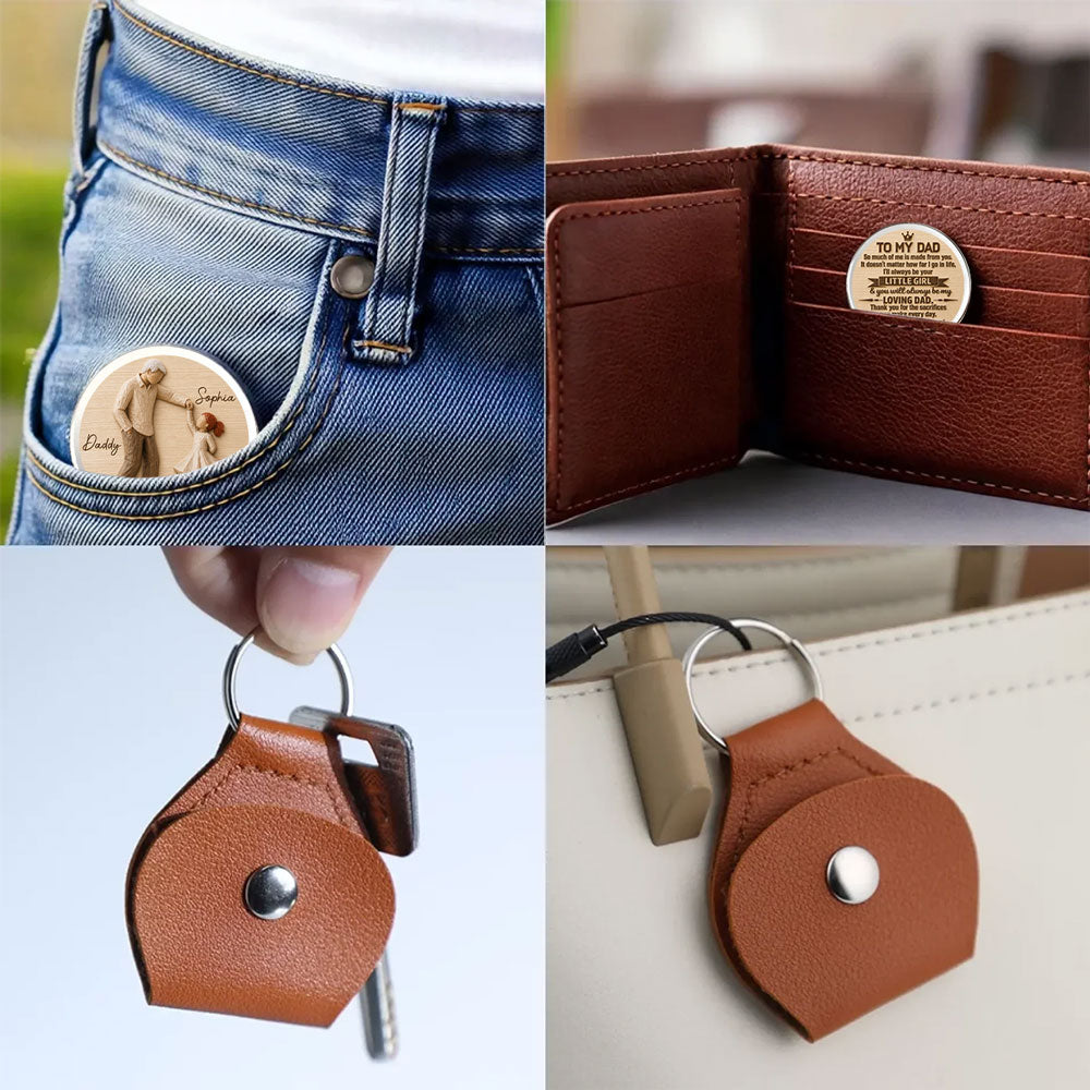 Custom Dad Coin Keychain, Father's Day Birthday Keepsake • Father And Daughter Dancing - Personalized Pocket Hug