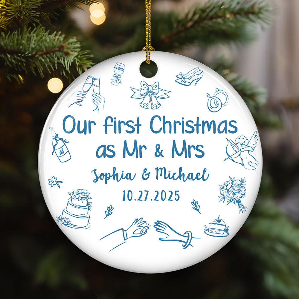 Custom First Christmas Ornament Married, Gift for Newlyweds •  Something Blue - Personalized Ceramic Ornament