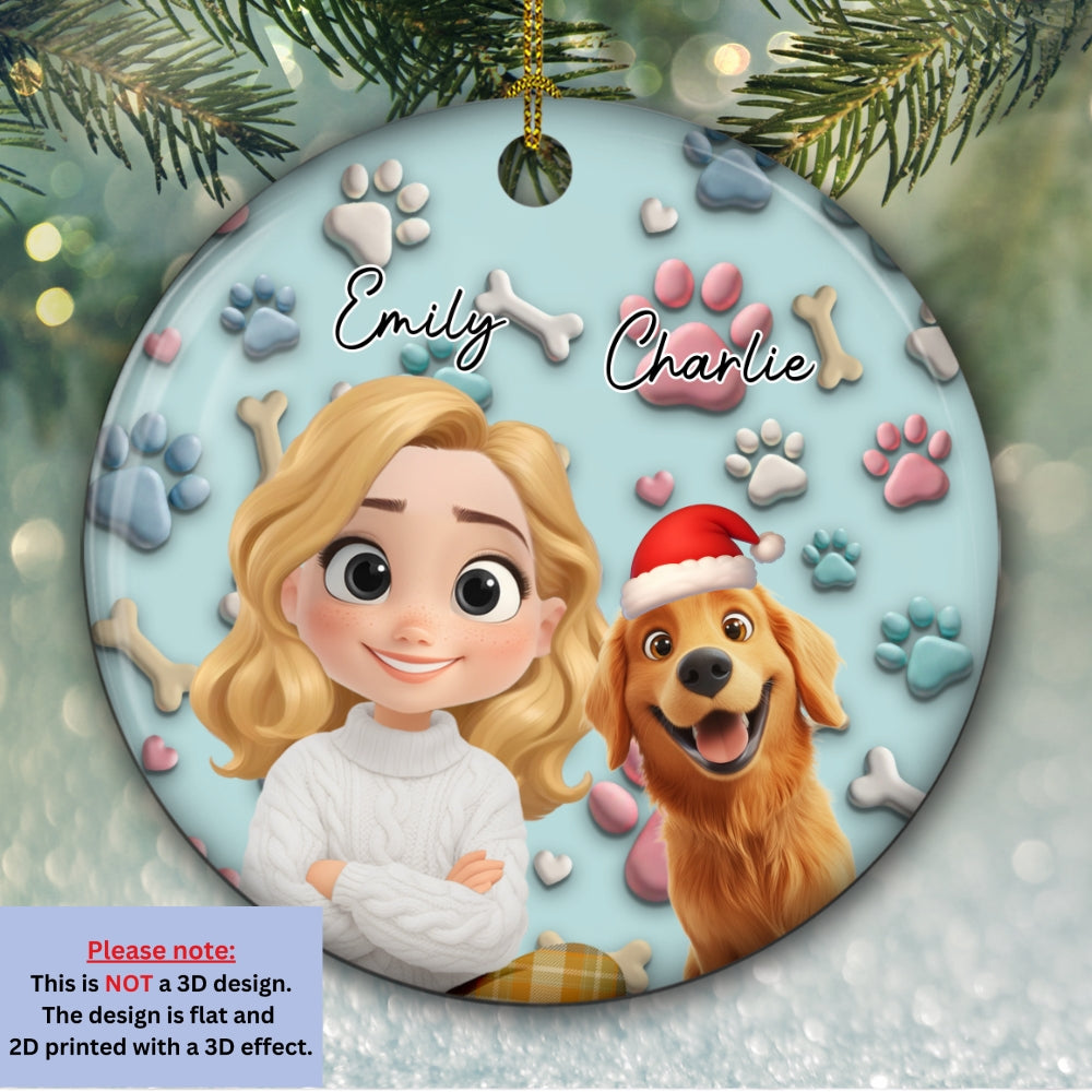 Custom Keepsake Christmas Ornament •  Dog And Human Cartoon - Personalized 3D Effect Ceramic Ornament